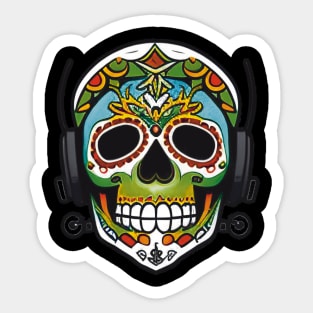 Traditional Flower Sugar Skull Art with Headphones Sticker